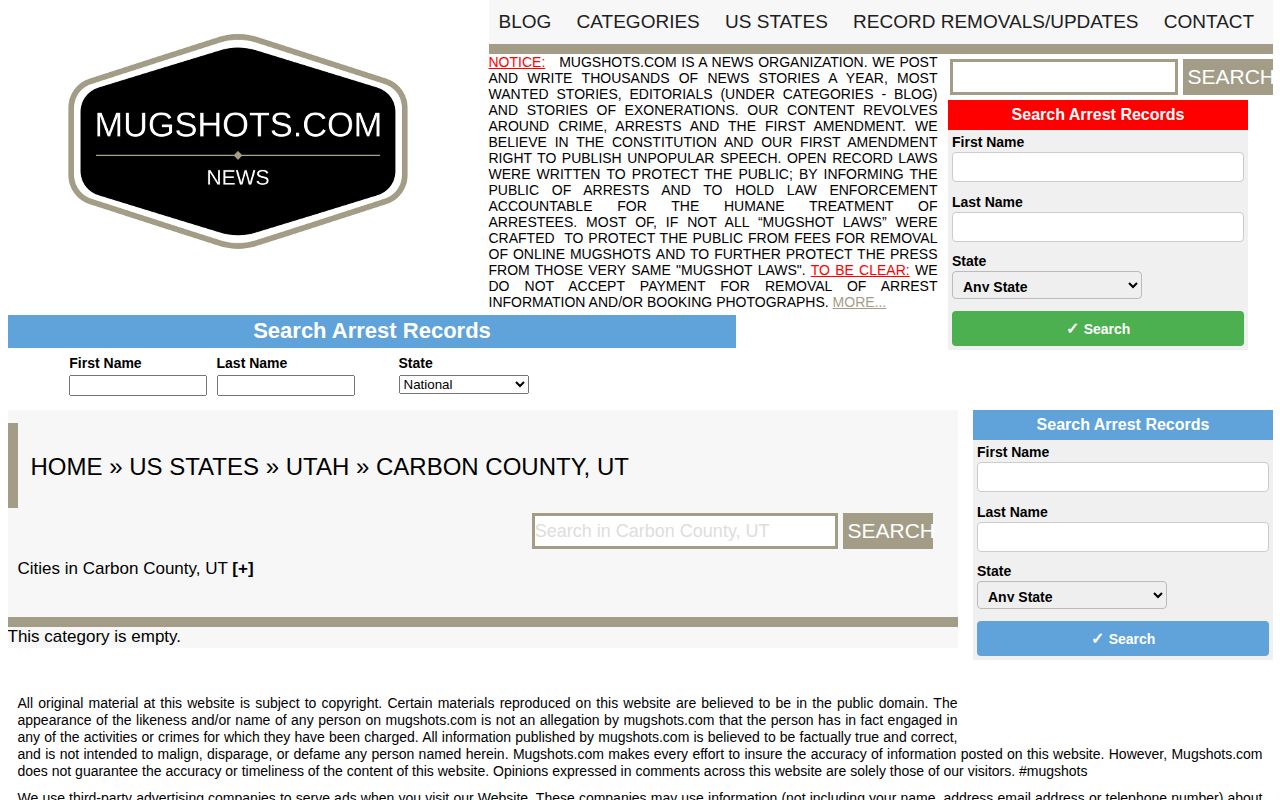 Unofficial Mugshots.com Carbon County landing with zero visible count