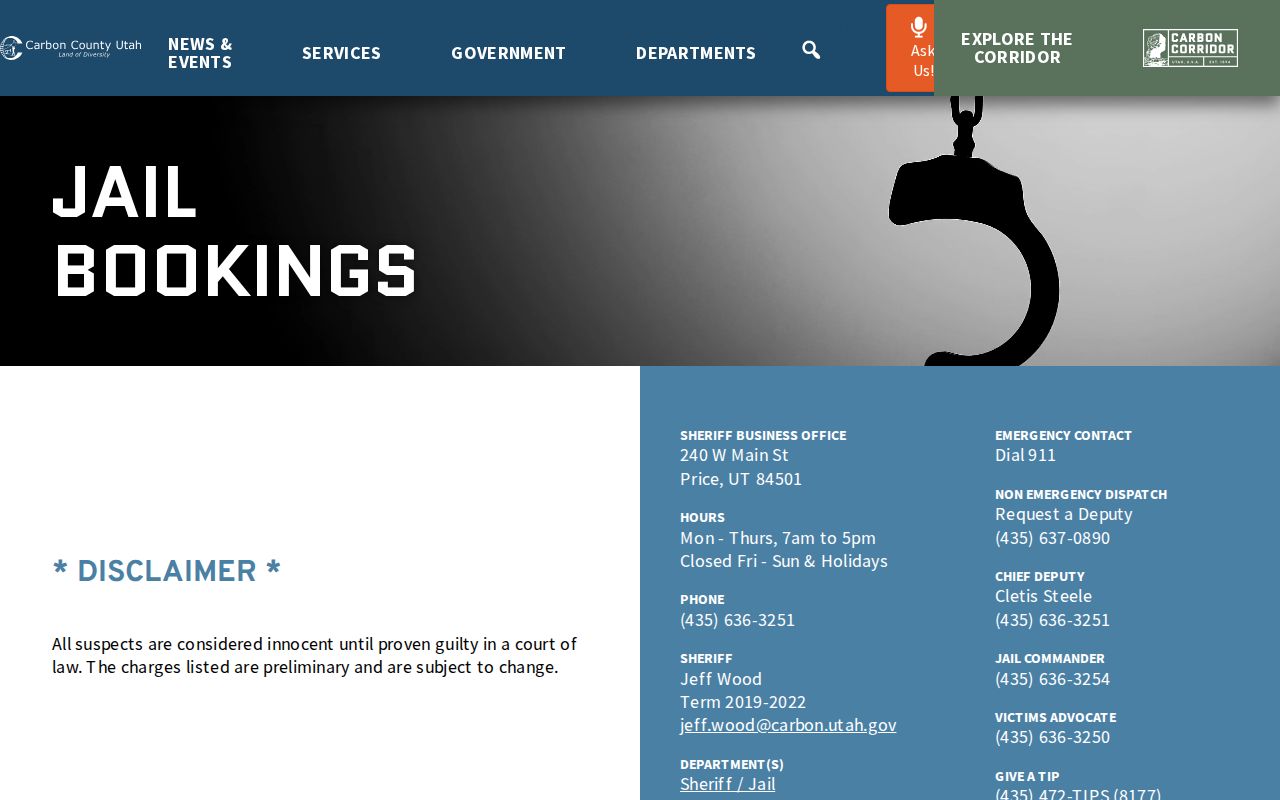 Carbon County current jail booking roster without public mugshots